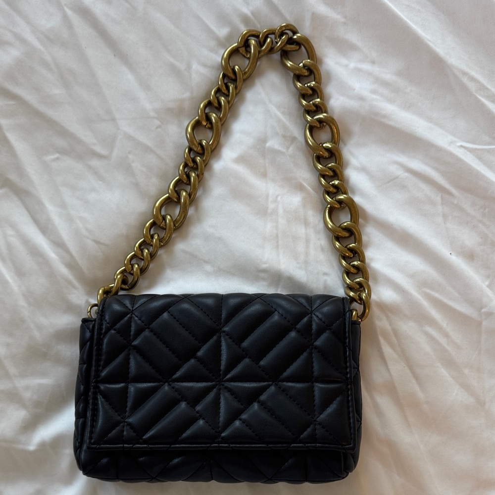 Zara Black Quilted Shoulder Bag with Gold Chain